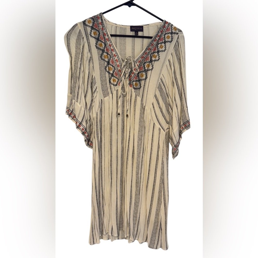 Artesia Boho Striped Embroidered Peasant Tunic Tie Front Dress SzM